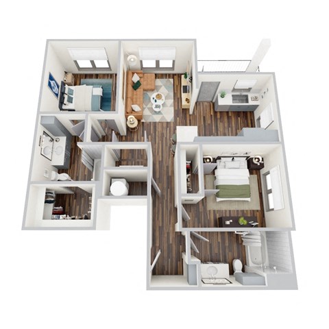 Floor plan for 2 beds, 2 baths, 1048 sqft